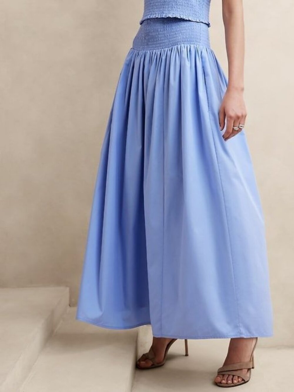 Banana Republic Pull-on Smocked Waisted Full Poplin Maxi Skirt with Pockets, M